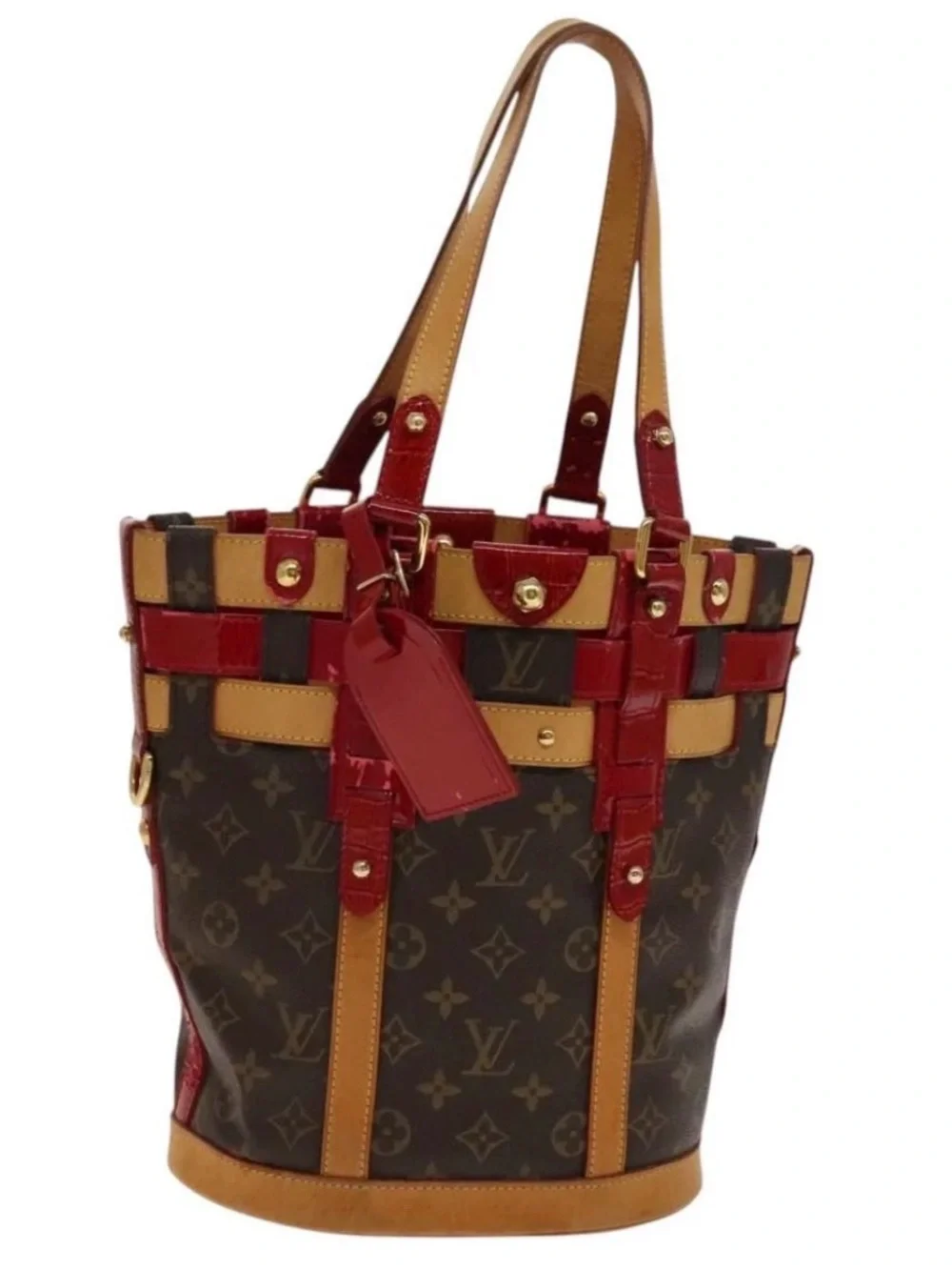 👜 LOUIS VUITTON Ruby Neo Bucket Tote Monogram Authentic Brown Red Shoulder Bag